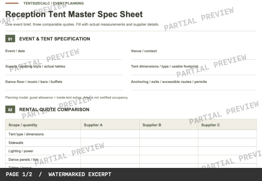 Actual PDF page: cropped event specification fields and three supplier quote columns.