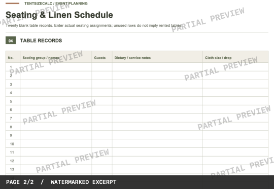 Actual PDF page: cropped blank seating and linen records from the event layout worksheet.