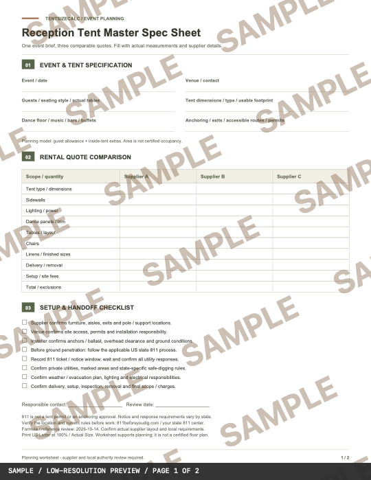 SAMPLE watermarked full page of the actual PDF: event specification fields, three supplier quote columns and rental checklist.