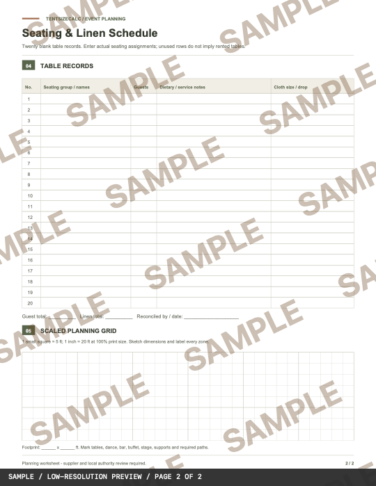SAMPLE watermarked full page of the actual PDF: twenty blank seating and linen records, layout notes and scale grid.